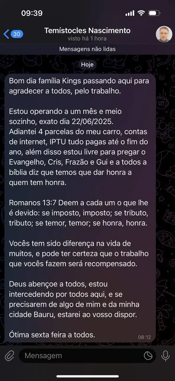 Depoimento de aluno — Temístocles Nascimento agradecendo no Telegram